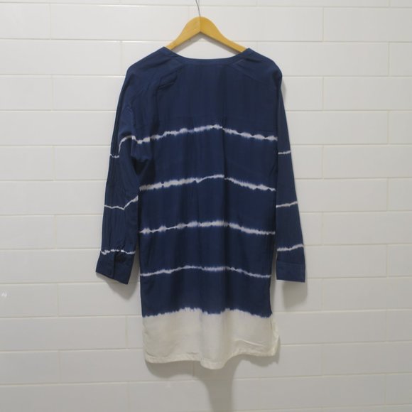 ATHLETA TIE DYE STRIPE KAFTAN SHIRT coverup blue white button silk beach LARGE - Picture 2 of 13